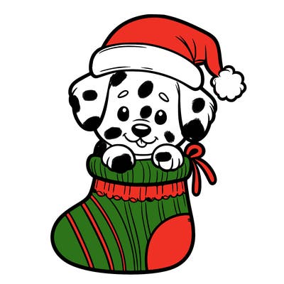 cute puppy wearing santa hat in socking