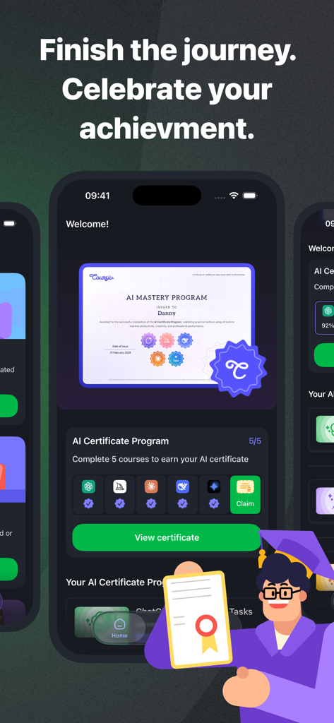 Uma tela de celular do aplicativo Coursiv mostrando um certificado concluído do Programa de Domínio de IA e uma ilustração de formatura.