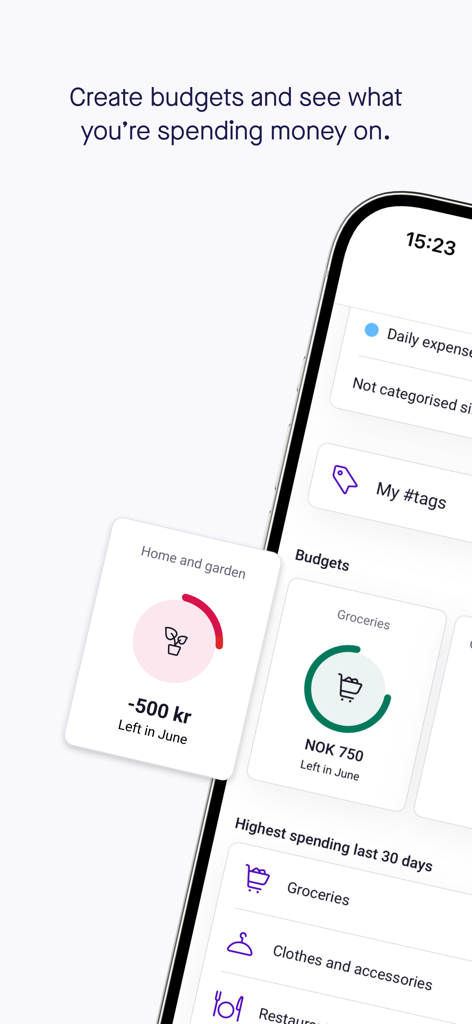 Sbanken mobile app interface showing personalized budget categories and spending overview