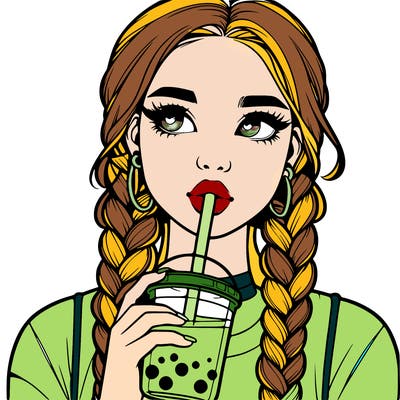 realistic girl with braided hair drinking boba