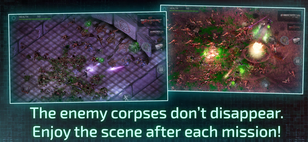 Jogabilidade de ação de cima para baixo em Alien Shooter 2 mostrando cadáveres de inimigos persistentes no chão