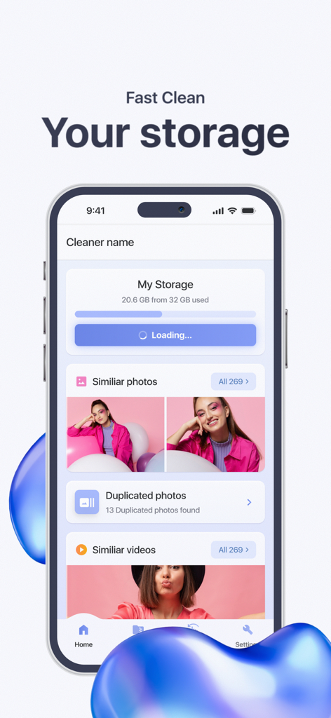 Pure Cleanup app dashboard showing storage usage and categories for similar and duplicate photo cleaning