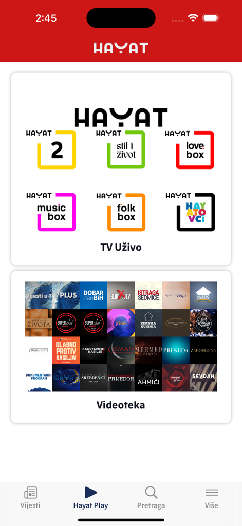 Hayat - Hayat mobile app interface showing live TV channels and a video library section