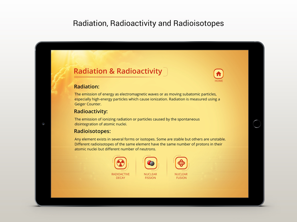 iPad-Display mit Definitionen von Strahlung und Radioaktivität in einer Physik-Lern-App.