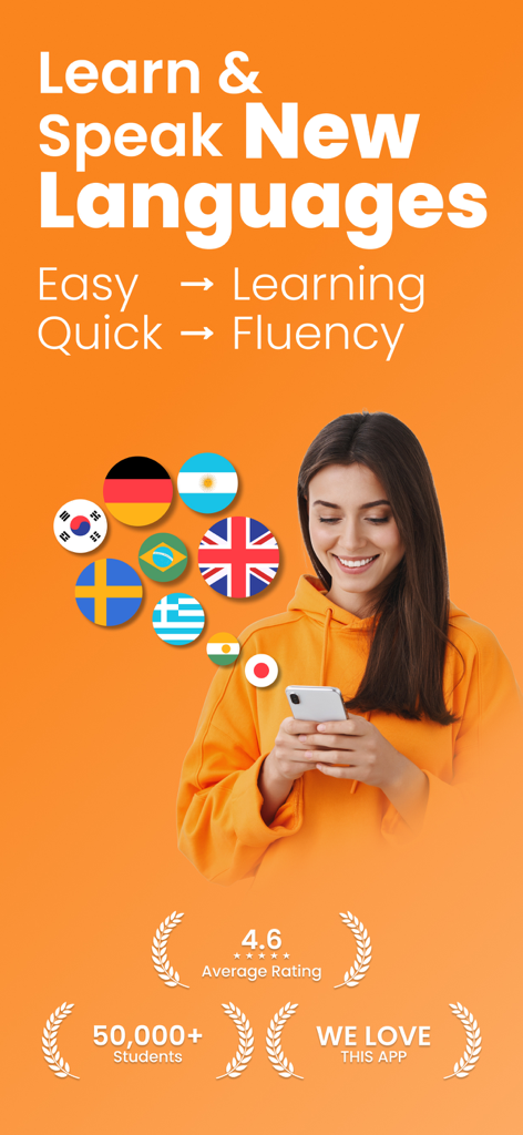 Learn & Speak Fluent Forever - さまざまな国旗のアイコンとソーシャルプルーフの評価を使用して、新しい言語を学び、話すためにCapableアプリを使用している女性