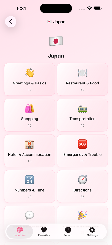 SpeakEasy Travel - SpeakEasy Travel app interface showing categorized Japanese travel phrases including greetings food and transportation