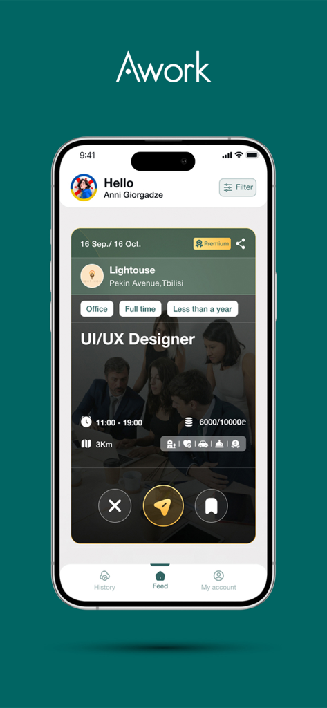 Awork mobile app interface showing a UI/UX Designer job listing with swipe action buttons.