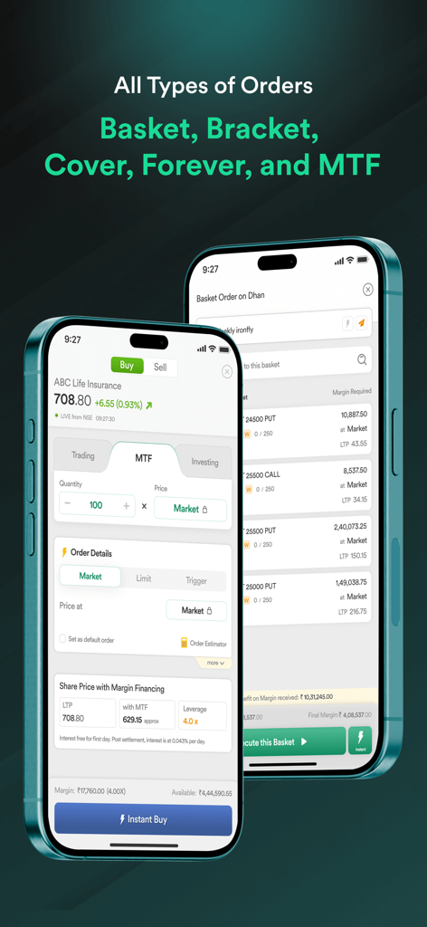 Dhan: Share Market Trading App - Dhan mobile app interface displaying advanced trading features including Basket and MTF orders for the Indian stock market.