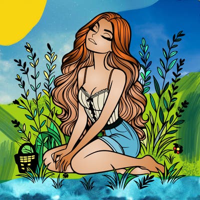 beautiful woman sitting on the grass