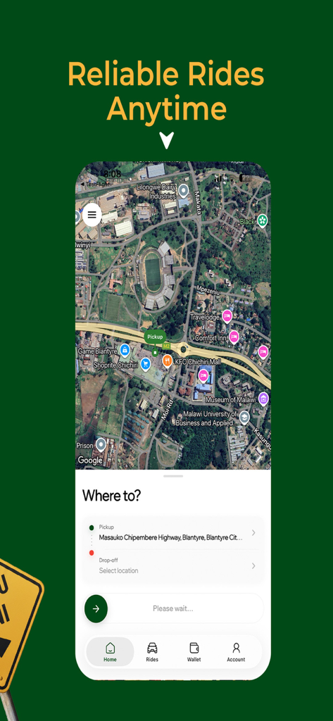 Screenshot of the Changu app showing the ride-hailing map and destination input interface