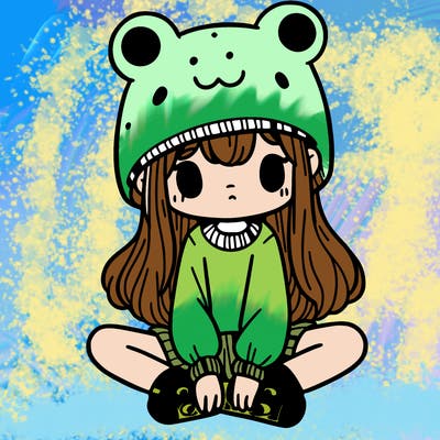 a girl wearing a frog hat and some frog socks
