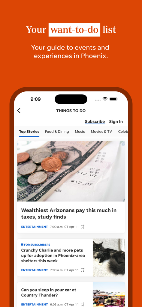 azcentral - The things to do section of the azcentral app featuring local news and community events in Phoenix.