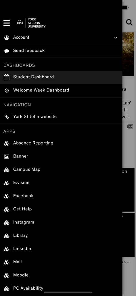 Side navigation menu of the MyYSJ student app displaying various campus services and dashboards