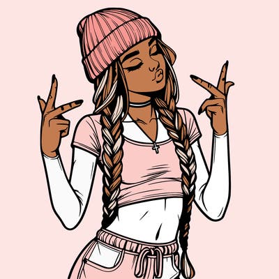 realistic teenage girl with braids and a beanie and crop top doing 🫶🏼