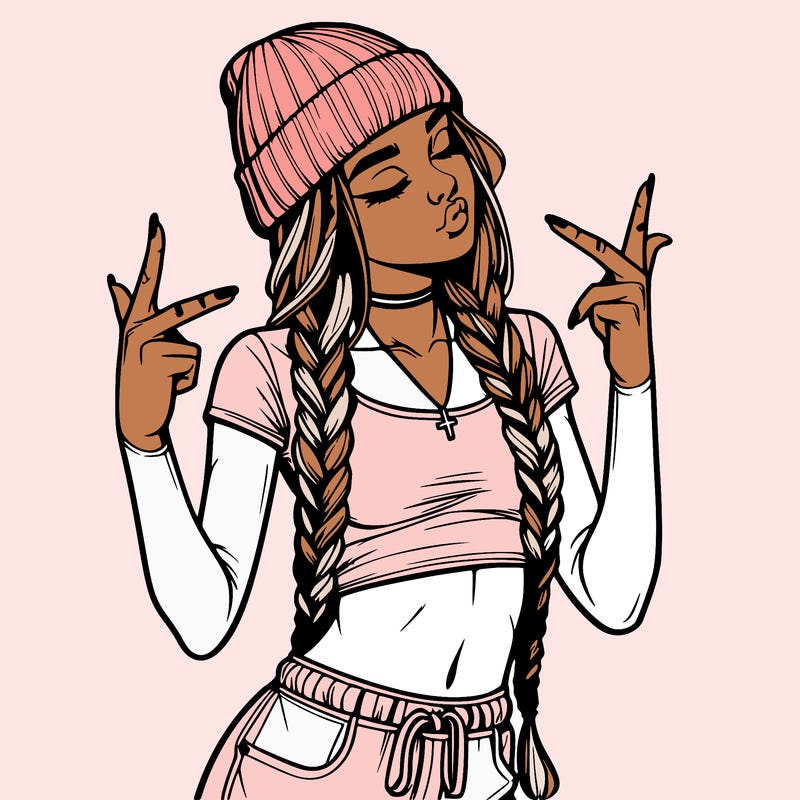 realistic teenage girl with braids and a beanie and crop top doing 🫶🏼