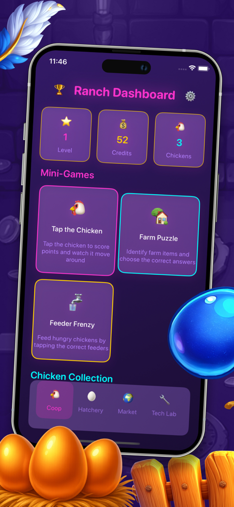 Panel de control del rancho de la aplicación Nest Stories que muestra estadísticas del juego y minijuegos