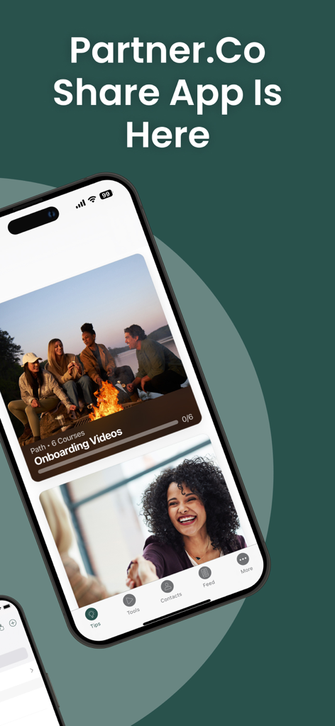 Partner.Co Share - Interface de l'application Partner.Co Share présentant des vidéos d'intégration et des outils commerciaux