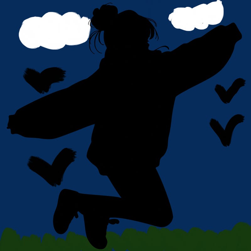 realistic girl jumping with a bun and oversized sweatshirt