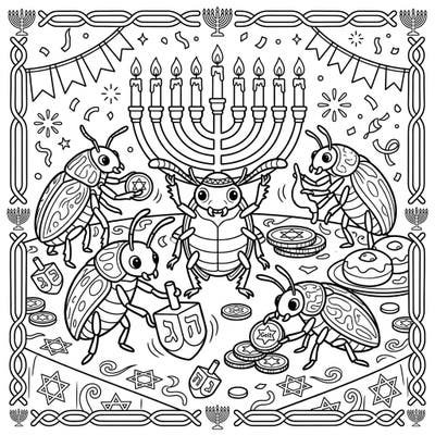 Get ready for a unique Hanukkah celebration with this charming coloring page featuring five festive beetles. Watch them light the menorah, spin dreidels, and enjoy holiday treats in this delightful scene.