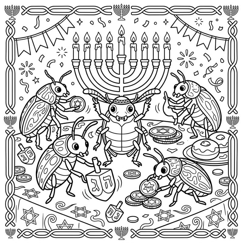 Get ready for a unique Hanukkah celebration with this charming coloring page featuring five festive beetles. Watch them light the menorah, spin dreidels, and enjoy holiday treats in this delightful scene.