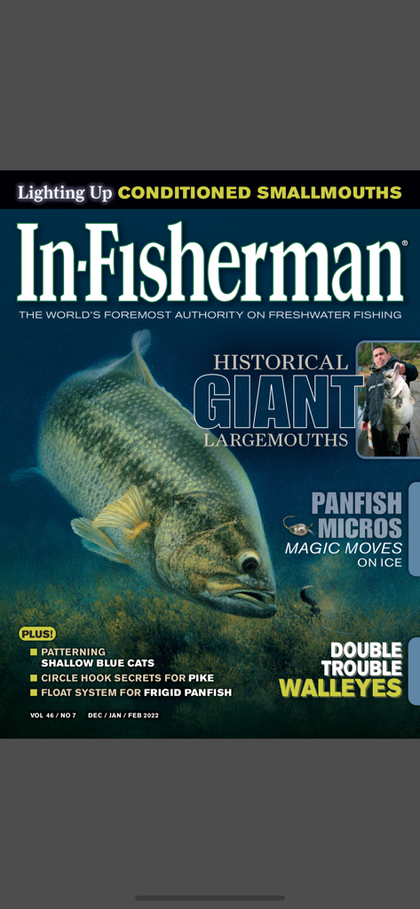 In-Fisherman Magazine - Digital cover of In-Fisherman Magazine featuring a large underwater bass and freshwater fishing articles