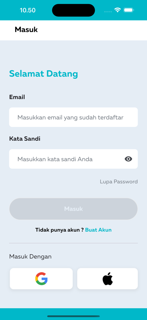 Rakata - Pantalla de inicio de sesión de la aplicación de lectura y escritura Rakata que muestra opciones de inicio de sesión con correo electrónico y redes sociales