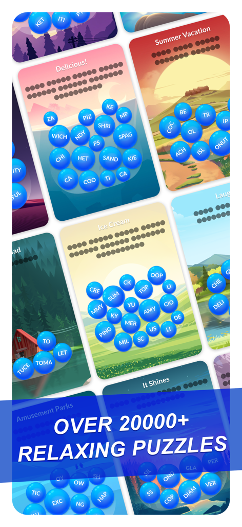 Word Serenity: Fun Brain Game - Collection de niveaux de jeu cérébral Word Serenity avec des bulles de lettres bleues et des arrière-plans pittoresques dessinés à la main.
