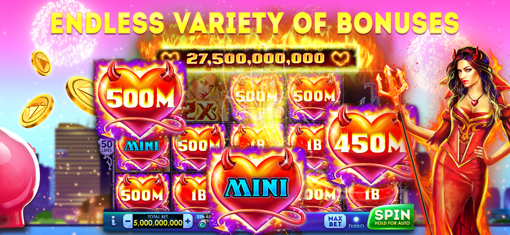 Lucky Time Slots game screen showing Wicked Hearts themed slot machine with large coin bonuses and a devil character