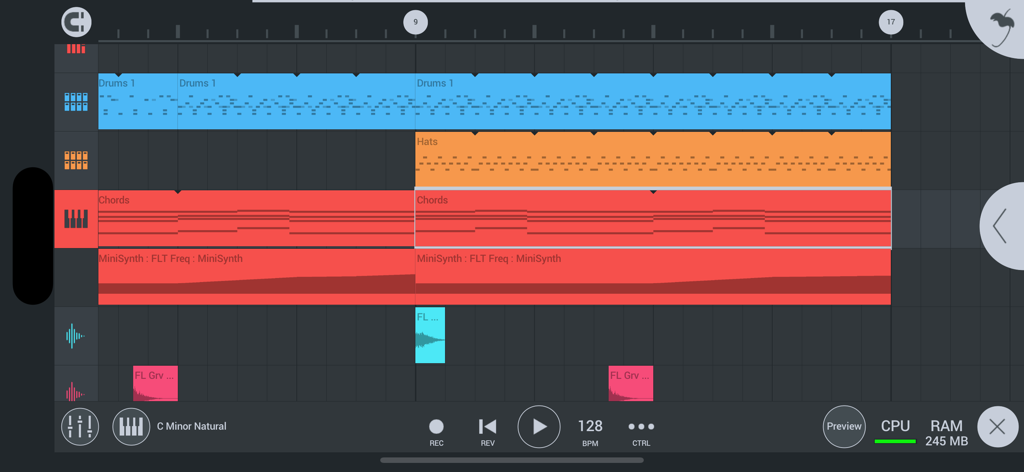 FL Studio Mobile - Interfaz de FL Studio Mobile que muestra un proyecto musical multipista con varias capas de instrumentos y controles de reproducción.