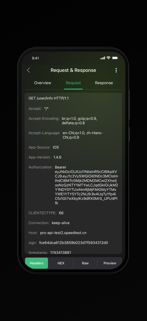 Packet Capture Pro: HTTPS - Interfaz de Packet Capture Pro mostrando encabezados de solicitud HTTP, incluidos detalles de autorización y host