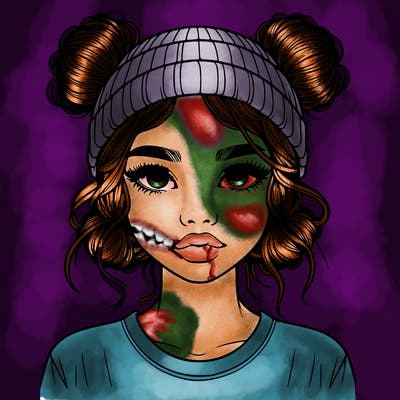 realistic girl with buns in her hair with a beanie on