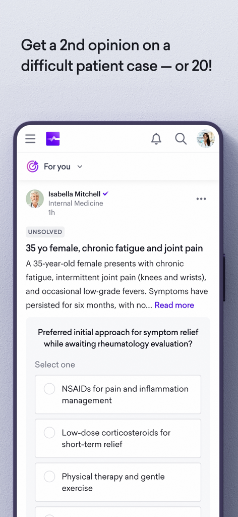 Sermo: Physician Network - Pantalla de la aplicación Sermo que muestra un caso de estudio médico y una encuesta para que los médicos ofrezcan una segunda opinión.