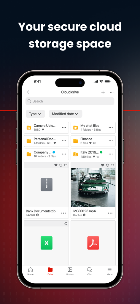 MEGA mobile app dashboard showing secure cloud storage folders and encrypted files on an iPhone