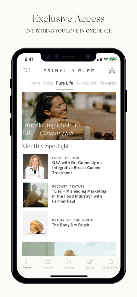 Primally Pure - Interface do aplicativo Primally Pure mostrando o centro de conteúdo Pure Life com artigos de blog de bem-estar e episódios de podcast