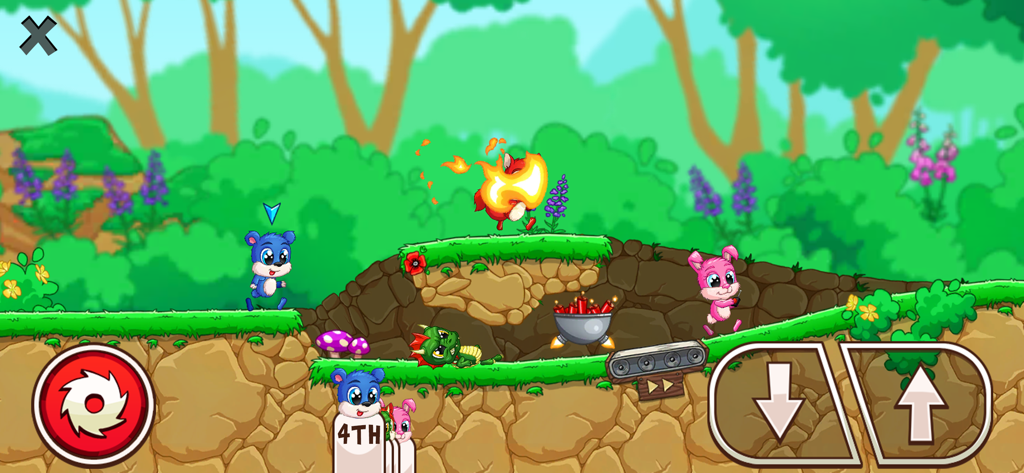 Cute animal characters racing through a forest obstacle course in Fun Run 3