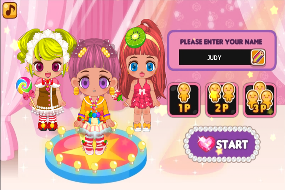 暖暖女生换装游戏：美美公主夏目的杂货店小店 昭和的美丽日记 - Start screen of a cute anime dress up game with three characters and a name input field