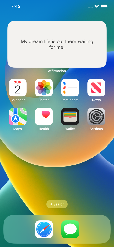 iPhone home screen featuring an Affirmations Reminders widget with a positive quote