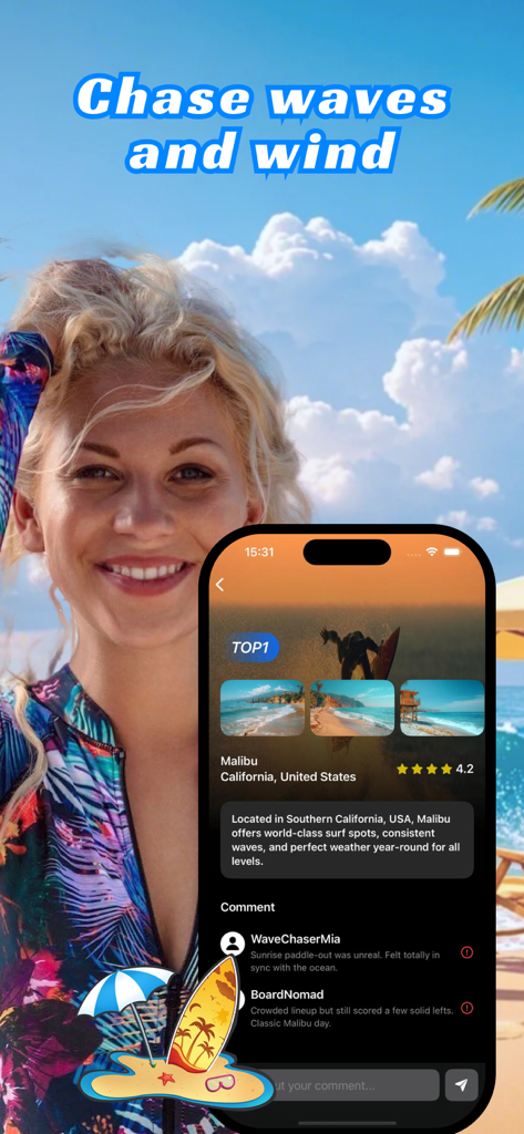 Surfce：Friends Chat，Companion - Interfaz de la aplicación móvil Surfce mostrando información del spot de surf de la playa de Malibú y reseñas de usuarios