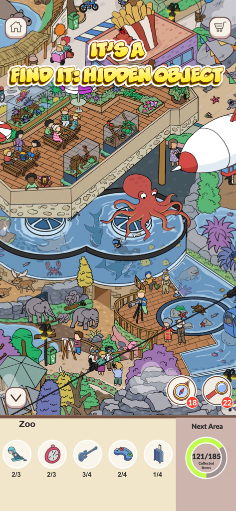 A detailed scavenger hunt map in the Find It Hidden Object game featuring a zoo and aquarium.