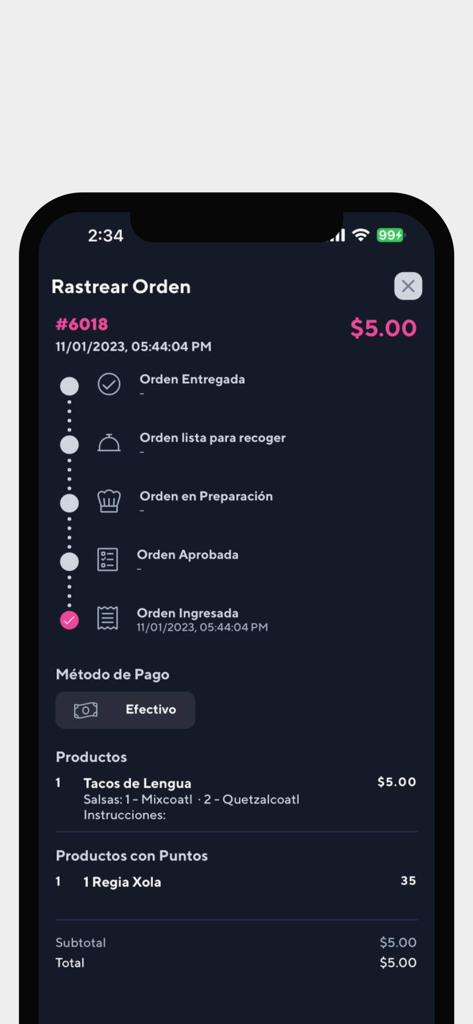 Xolos Mexican Food - Order tracking screen in the Xolos Mexican Food app showing order status and payment details