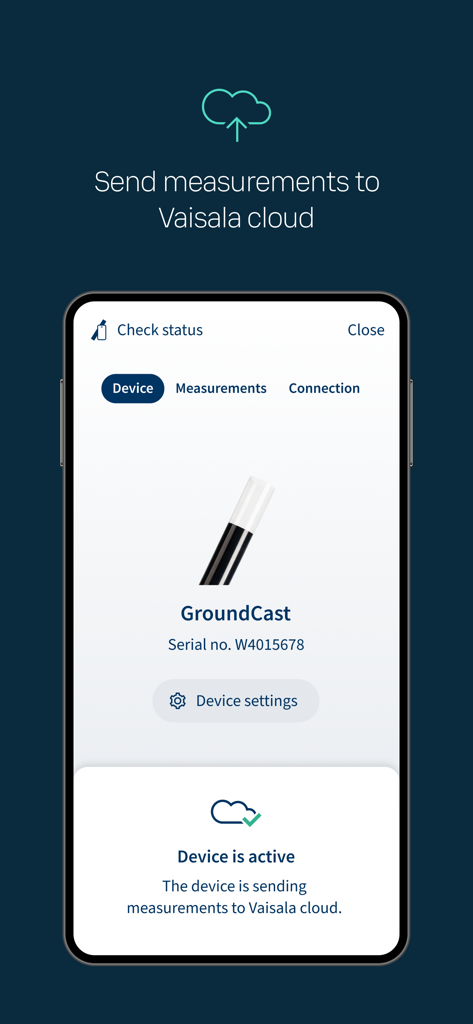 Vaisala Xcast Connect - Vaisala Xcast Connect mobile app interface displaying active GroundCast sensor status and cloud connection