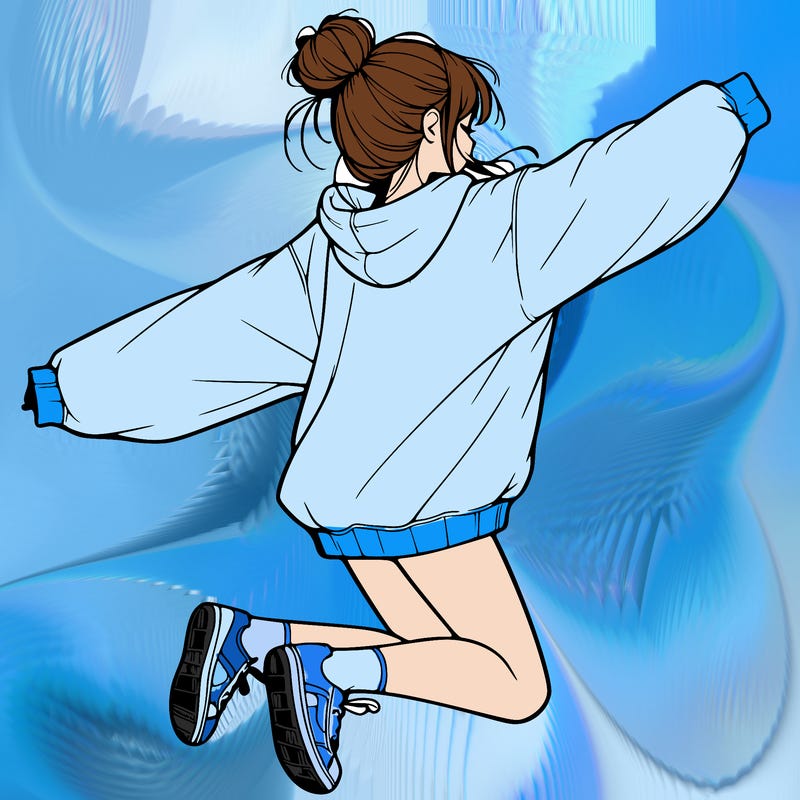 realistic girl jumping with a bun and oversized sweatshirt
