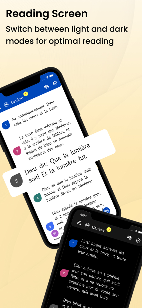 French Bible - La Bible - French Bible app reading screen showing light and dark mode options for French scripture