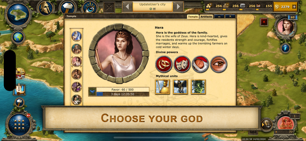 Grepolis - Divine Strategy MMO - Pantalla que muestra a la diosa Hera en el menú del Templo de Grepolis con poderes divinos y unidades míticas