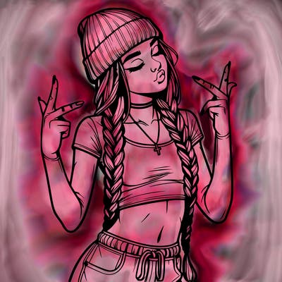 realistic teenage girl with braids and a beanie and crop top doing 🫶🏼