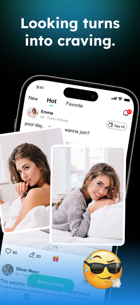 Transgender Dating: Translr - Mobile Oberfläche der Translr-App, die ein Trans-Frauenprofil und Fotos im Entdeckungs-Feed zeigt.
