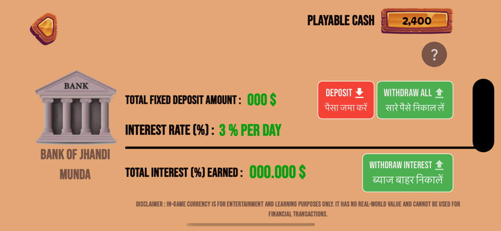In-game bank screen for Jhandi Munda showing virtual deposit options and interest rates