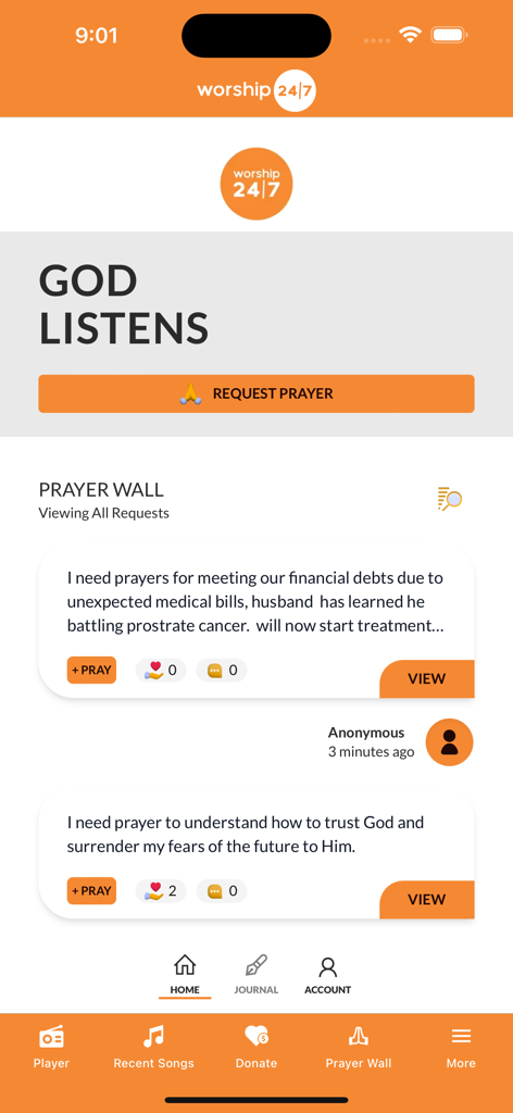 Worship 24/7 - The Prayer Wall interface of the Worship 24 7 app showing community prayer requests and a request prayer button