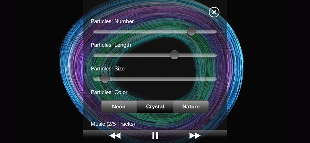 Atomus HD settings menu with particle customization sliders and color modes