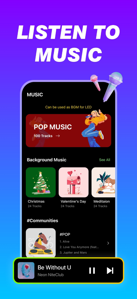 Interfaz de la app LED Banner mostrando opciones de música de fondo para texto desplazable